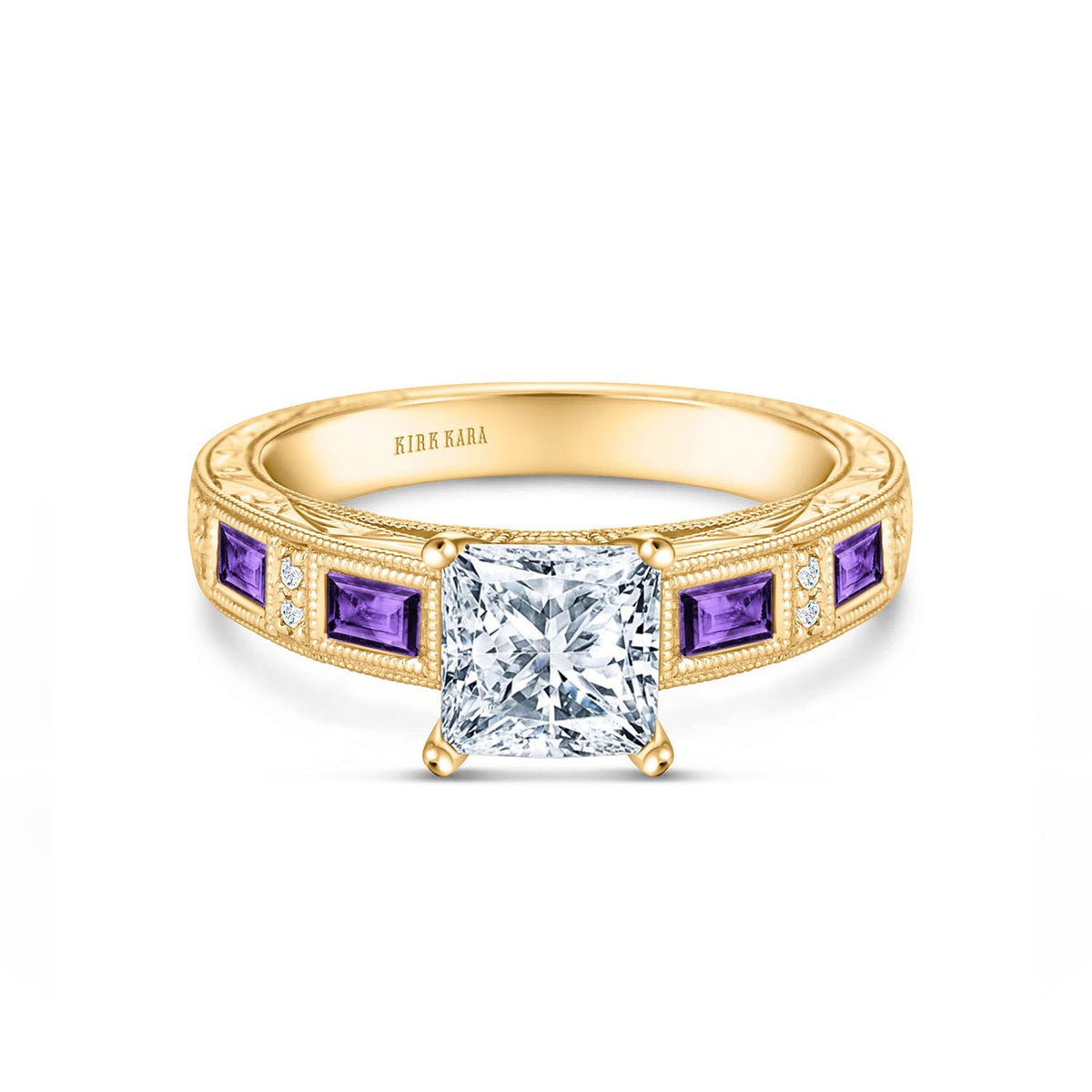 Amethyst Baguette Hand Engraved Cathedral Diamond Engagement Ring