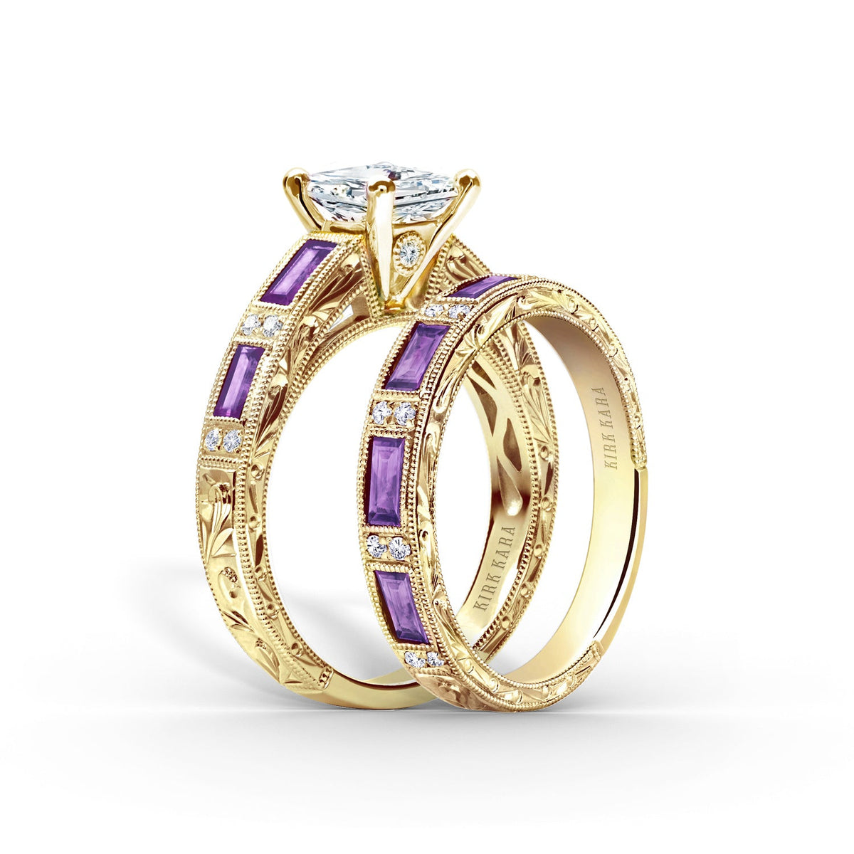 Blue Sapphire Baguette Engraved Diamond Wedding Band
