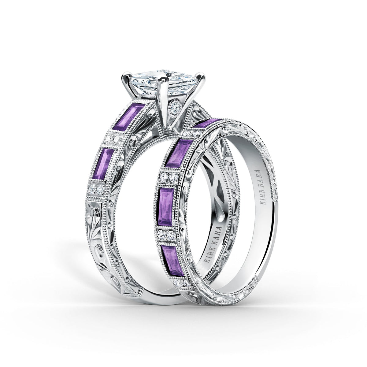 Blue Sapphire Baguette Engraved Diamond Wedding Band