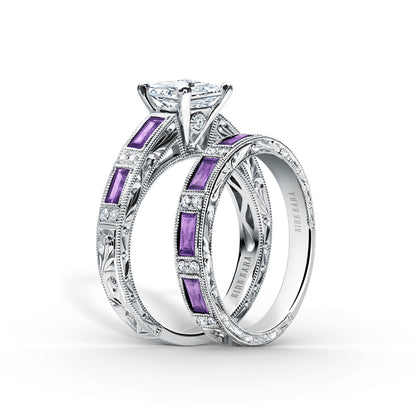 Blue Sapphire Baguette Engraved Diamond Wedding Band