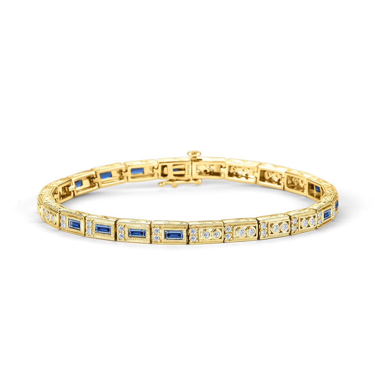 Blue Sapphire Baguette Engraved Diamond Bracelet