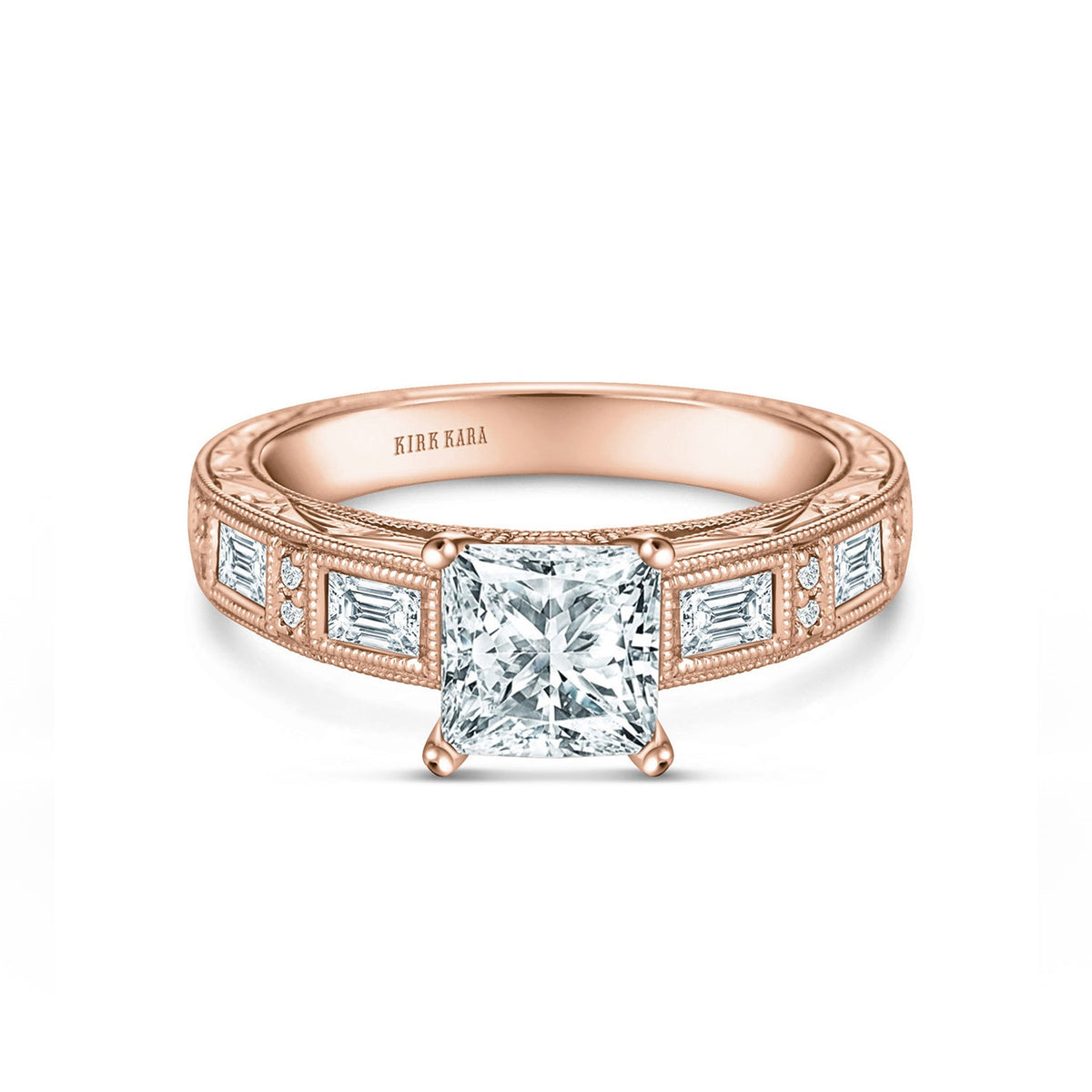 Baguette Engraved Cathedral Diamond Engagement Ring