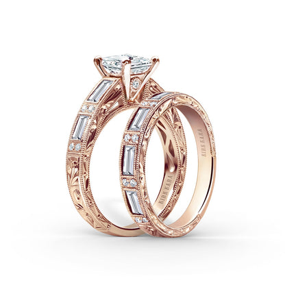 Baguette Engraved Cathedral Diamond Engagement Ring