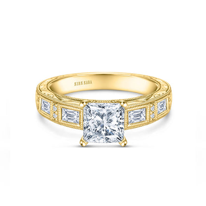 Baguette Engraved Cathedral Diamond Engagement Ring