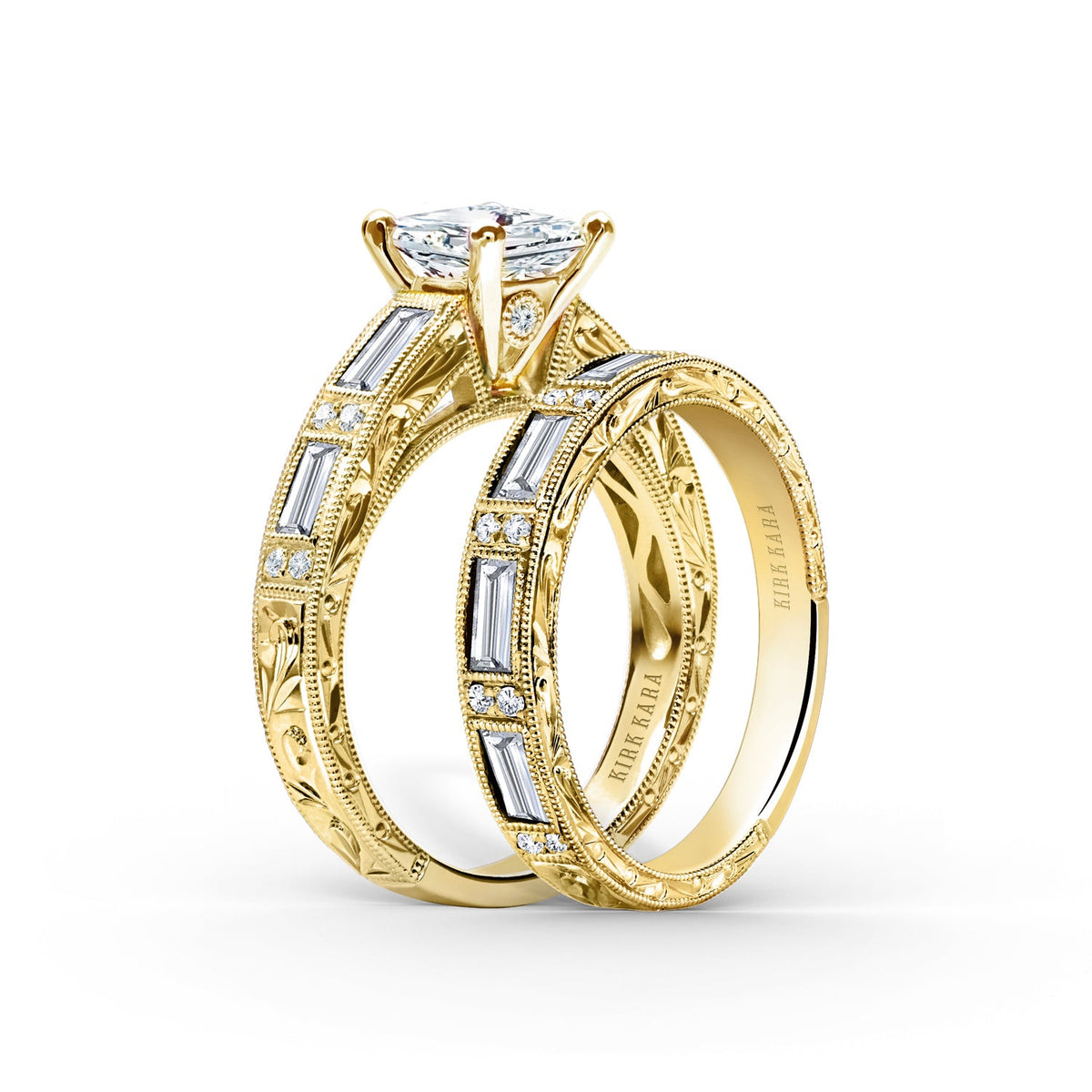 Baguette Engraved Cathedral Diamond Engagement Ring