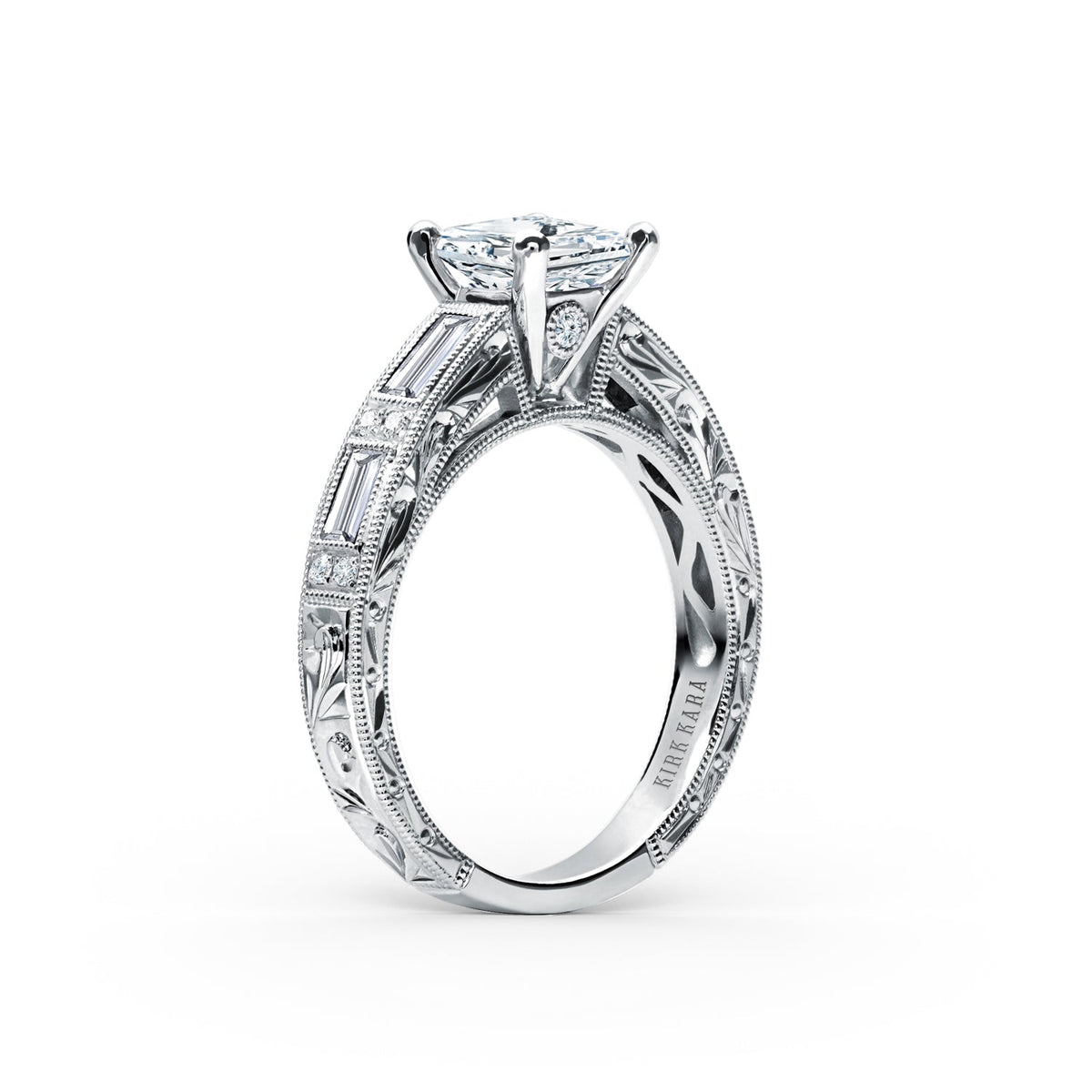 Baguette Engraved Cathedral Diamond Engagement Ring