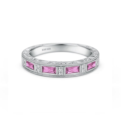 Blue Sapphire Baguette Engraved Diamond Wedding Band