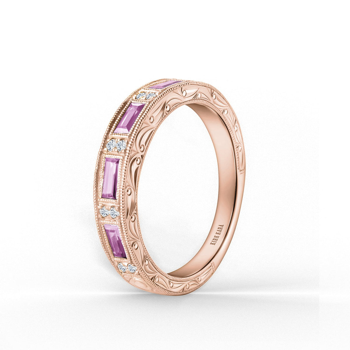 Blue Sapphire Baguette Engraved Diamond Wedding Band