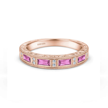 Pink Sapphire Baguette Engraved Diamond Wedding Band