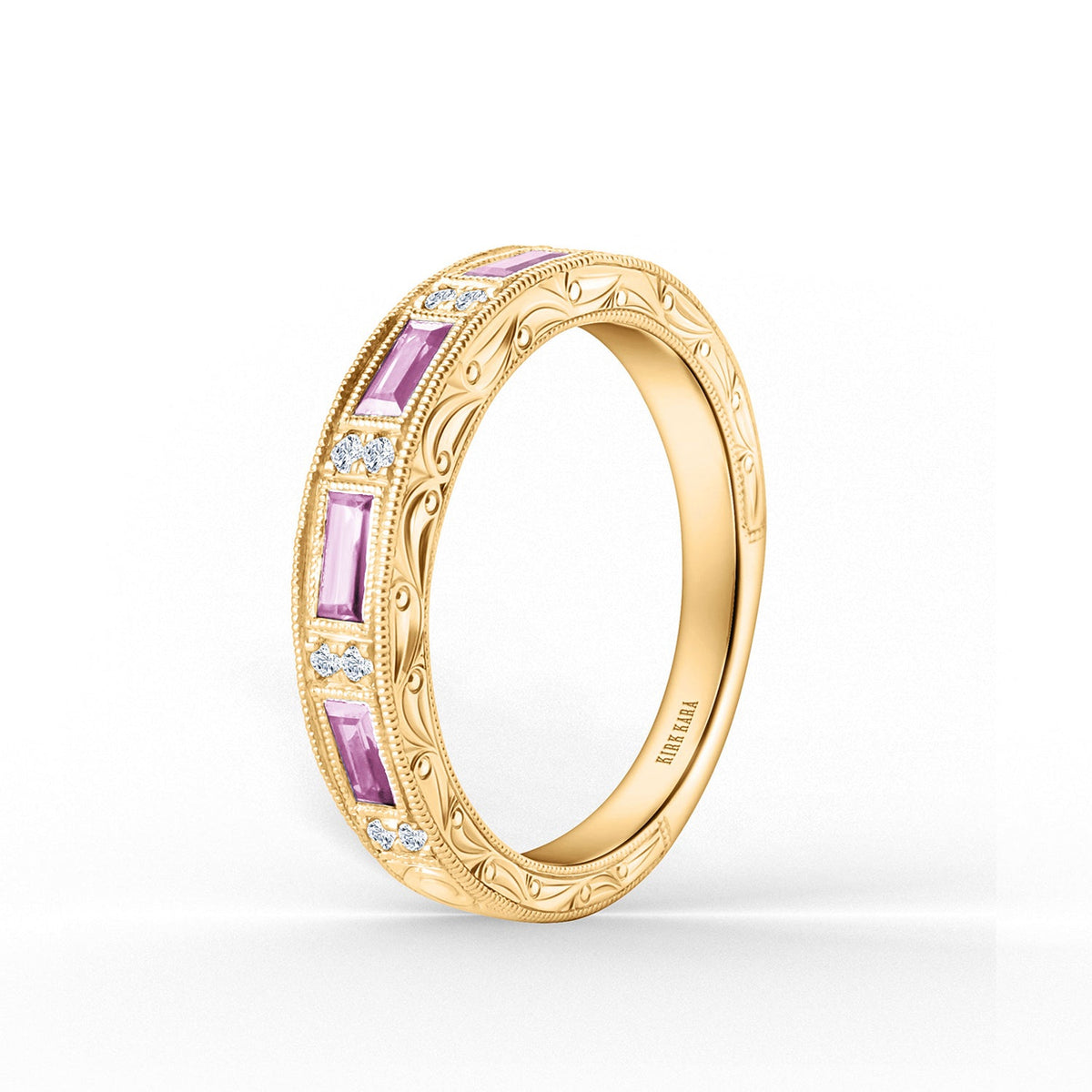 Blue Sapphire Baguette Engraved Diamond Wedding Band