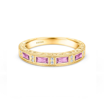 Pink Sapphire Baguette Engraved Diamond Wedding Band