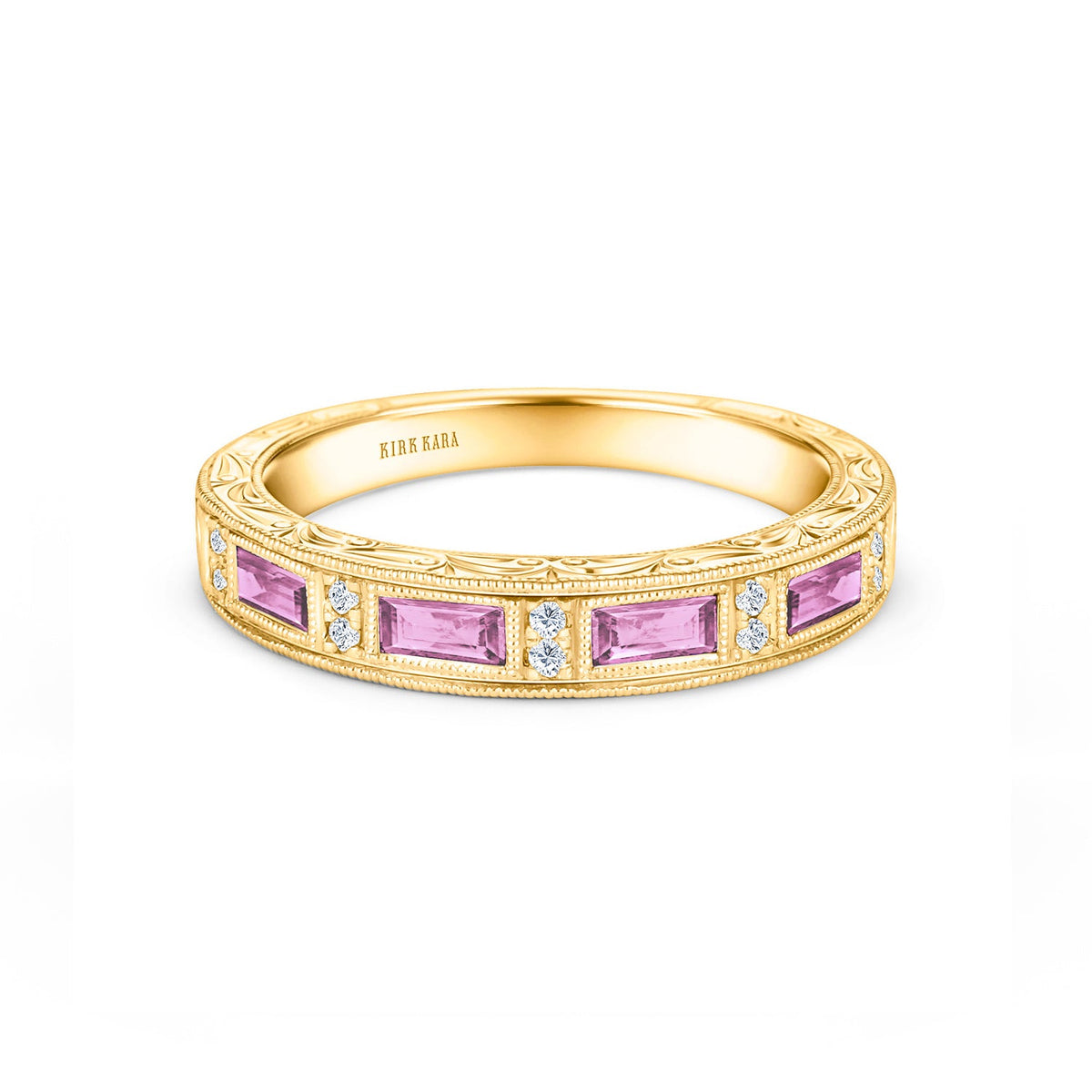 Blue Sapphire Baguette Engraved Diamond Wedding Band