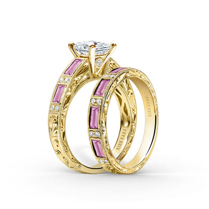 Pink Sapphire Baguette Engraved Cathedral Diamond Engagement Ring