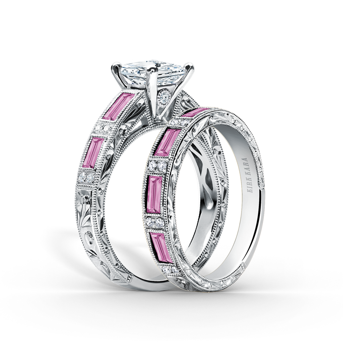 Pink Sapphire Baguette Engraved Diamond Wedding Band