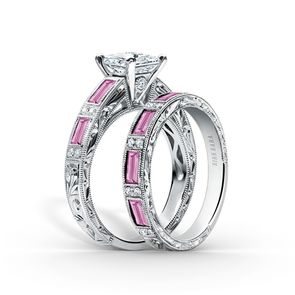 Pink Sapphire Baguette Engraved Diamond Wedding Band