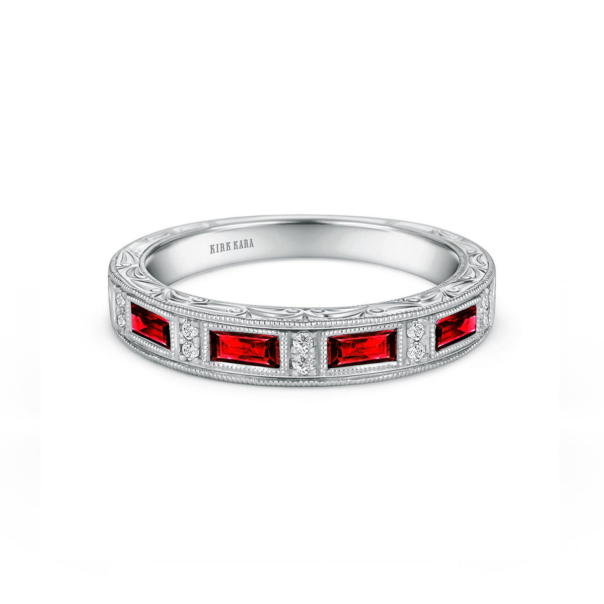 Ruby Baguette Engraved Diamond Wedding Band
