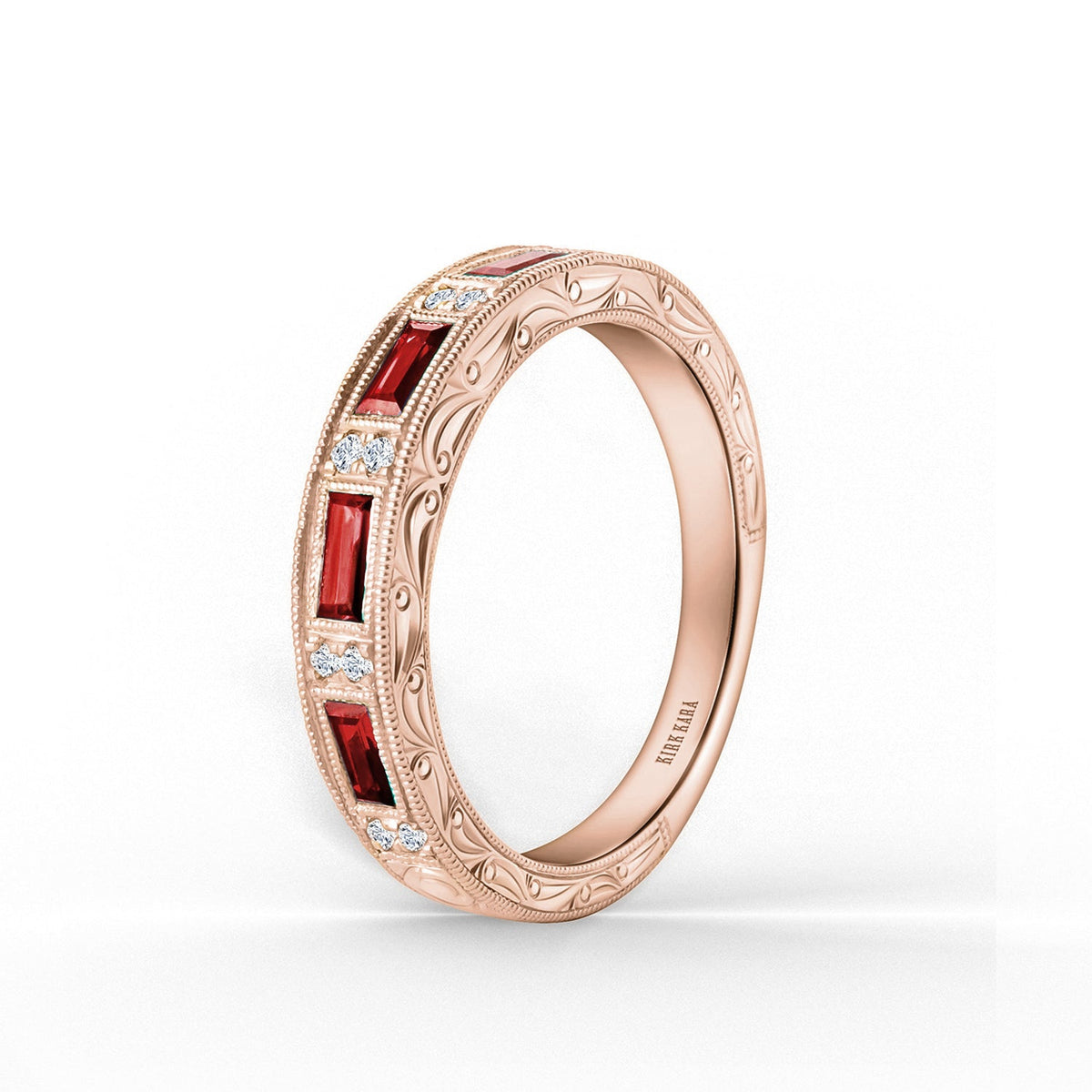 Blue Sapphire Baguette Engraved Diamond Wedding Band
