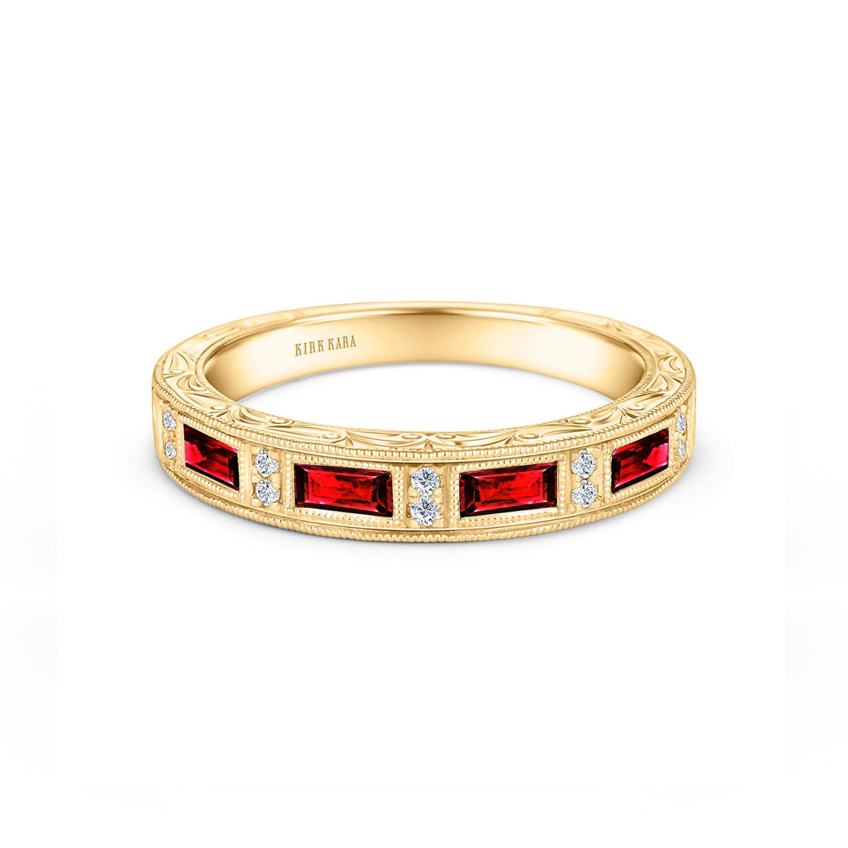 Ruby Baguette Engraved Diamond Wedding Band