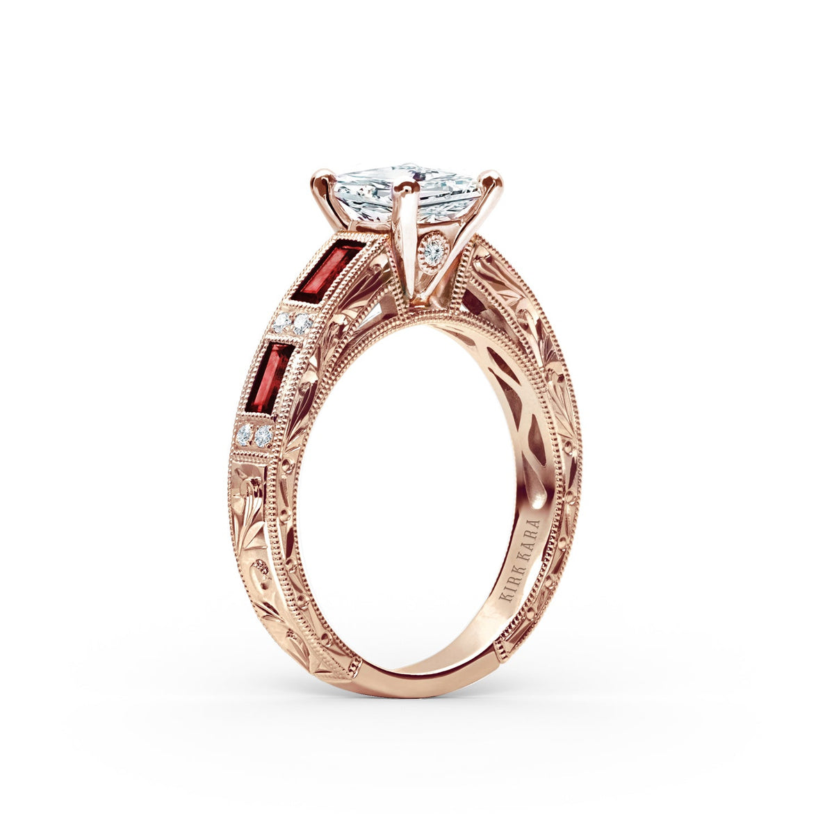 Ruby Baguette Engraved Cathedral Diamond Engagement Ring