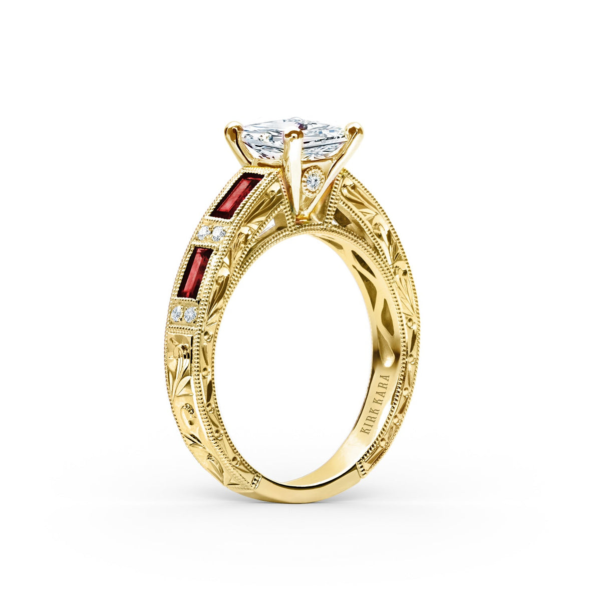 Ruby Baguette Engraved Cathedral Diamond Engagement Ring