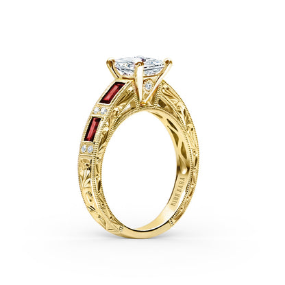 Ruby Baguette Engraved Cathedral Diamond Engagement Ring