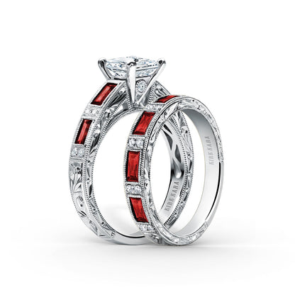 Blue Sapphire Baguette Engraved Diamond Wedding Band