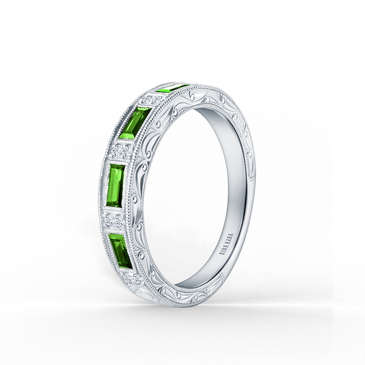 Blue Sapphire Baguette Engraved Diamond Wedding Band
