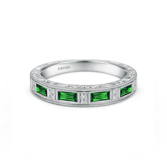 Tsavorite Baguette Engraved Diamond Wedding Band