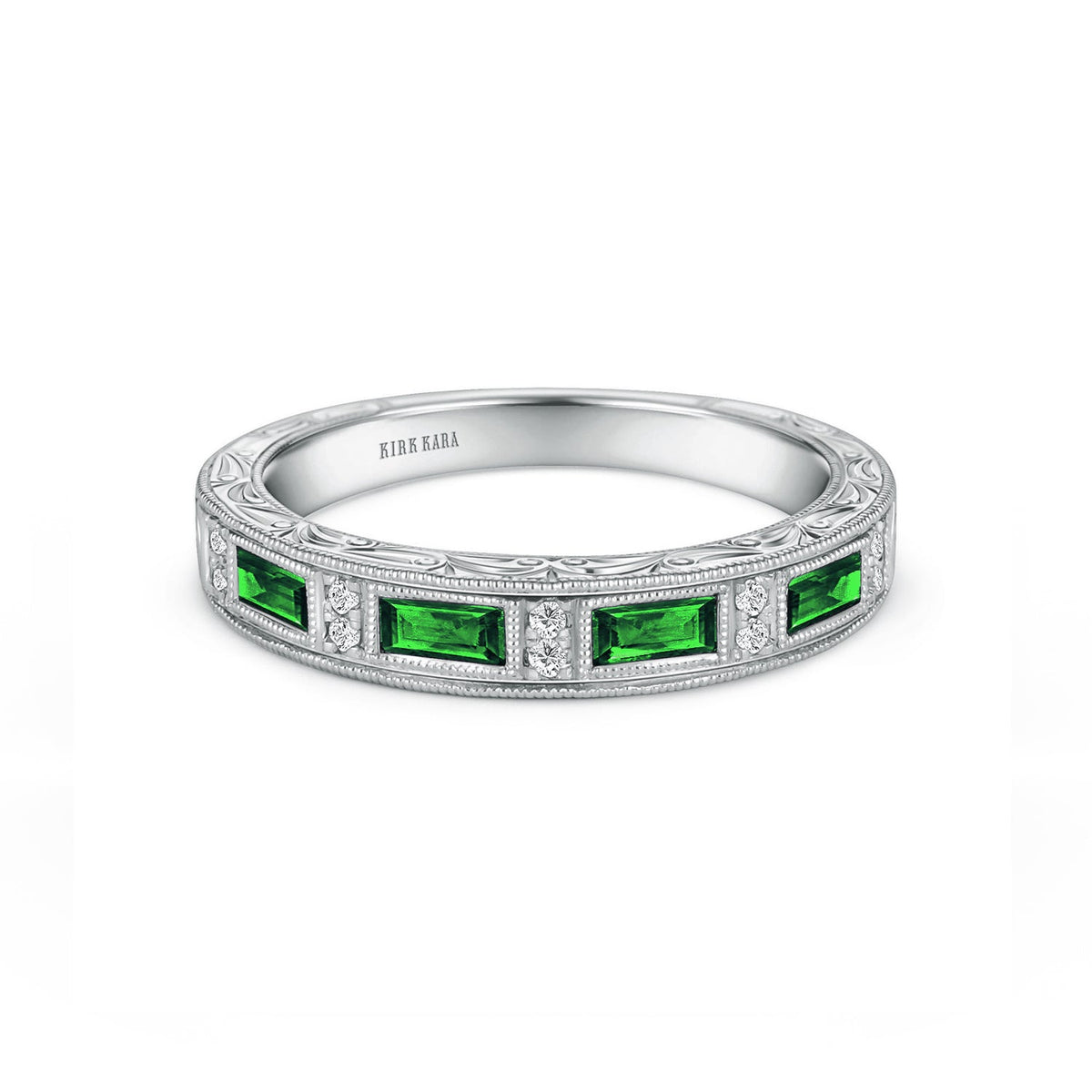 Blue Sapphire Baguette Engraved Diamond Wedding Band