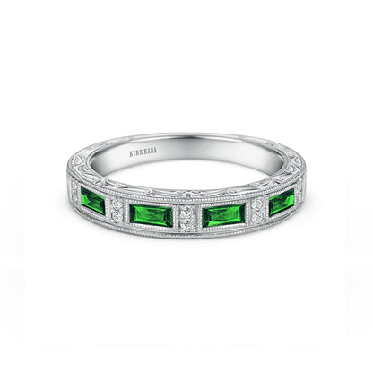 Blue Sapphire Baguette Engraved Diamond Wedding Band