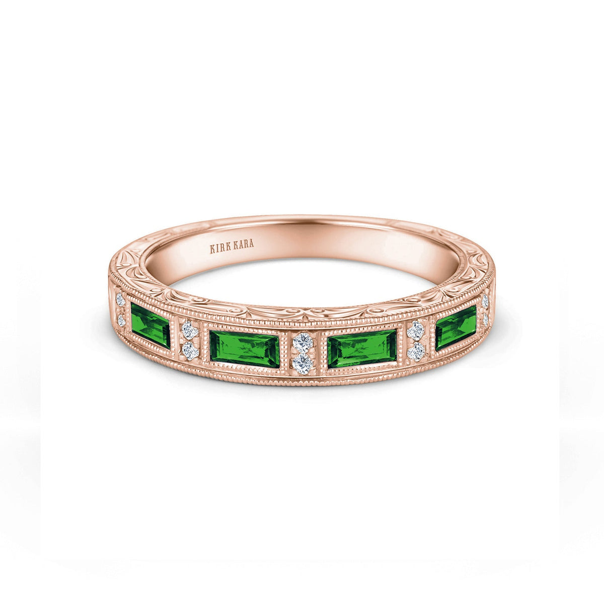 Tsavorite Baguette Engraved Diamond Wedding Band