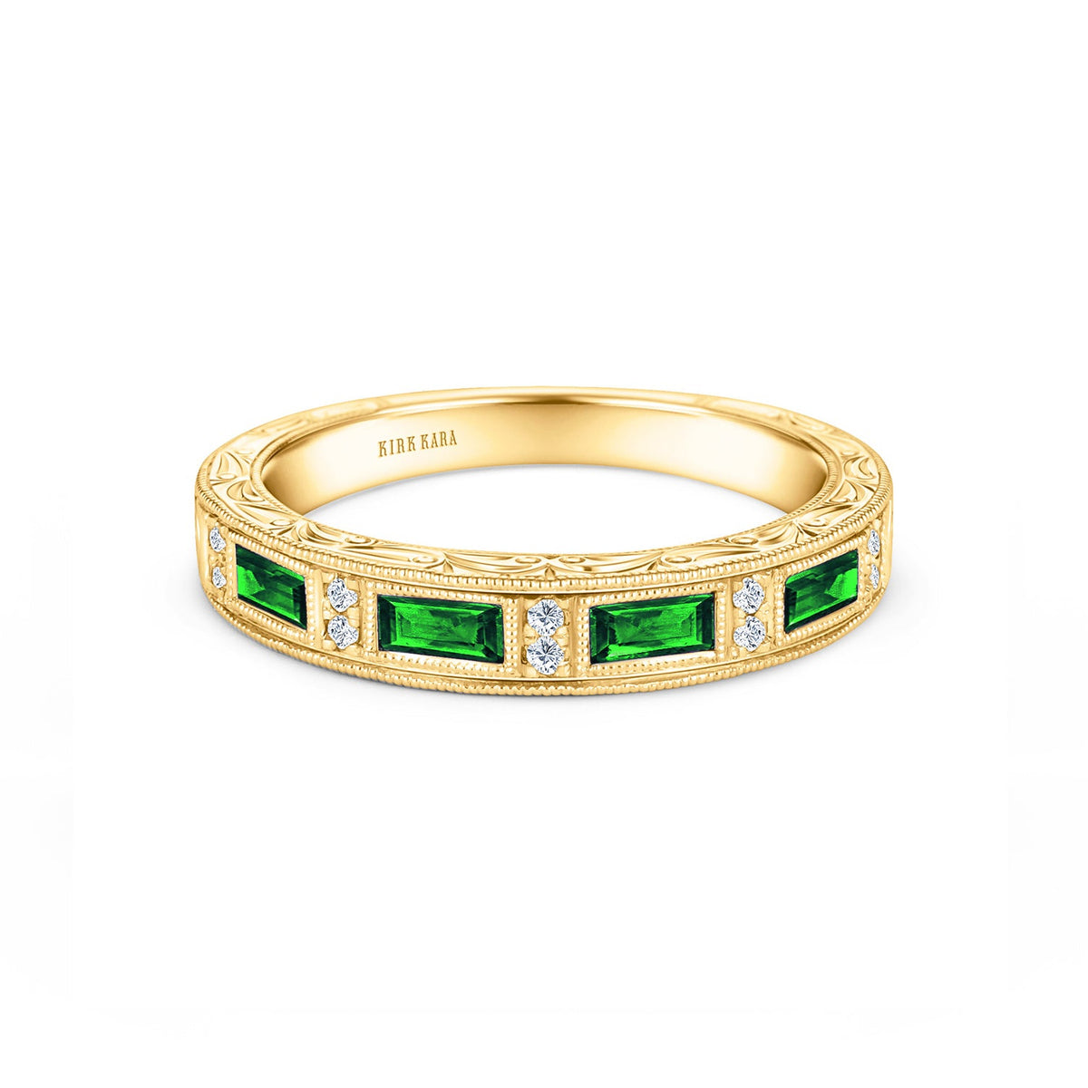 Tsavorite Baguette Engraved Diamond Wedding Band