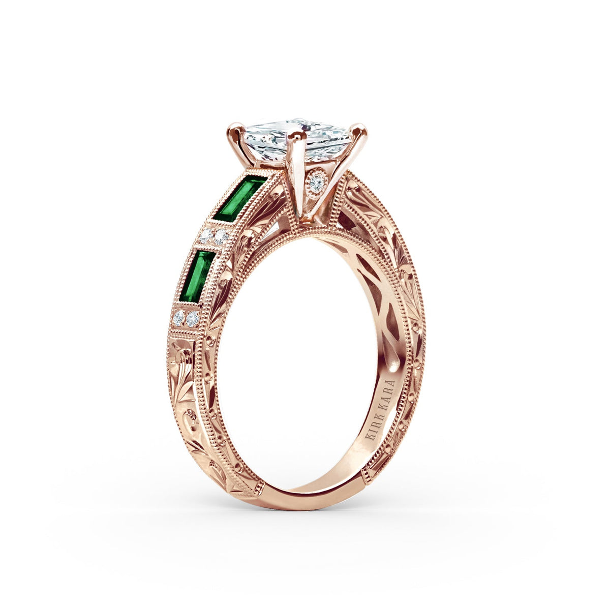 Tsavorite Baguette Engraved Cathedral Diamond Engagement Ring
