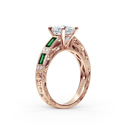 Tsavorite Baguette Engraved Cathedral Diamond Engagement Ring