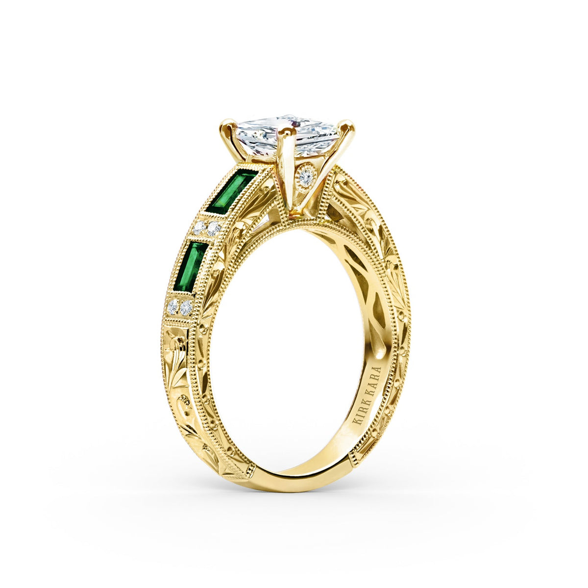 Tsavorite Baguette Engraved Cathedral Diamond Engagement Ring