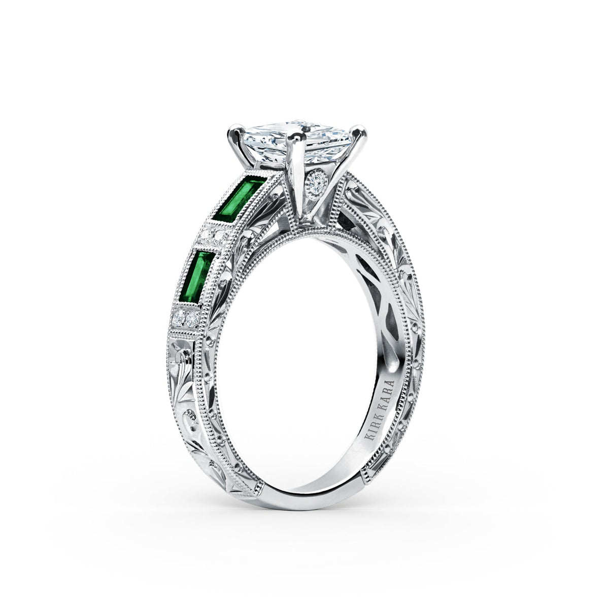 Tsavorite Baguette Engraved Cathedral Diamond Engagement Ring