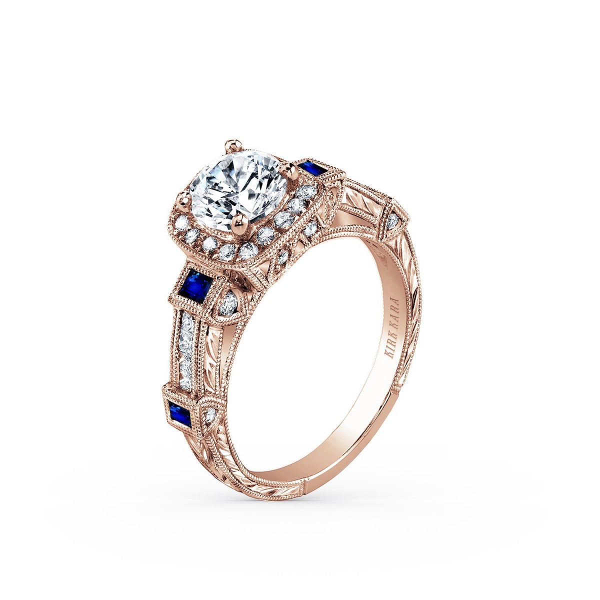 Modern Channel Detailed Blue Sapphire Diamond Halo Engagement Ring