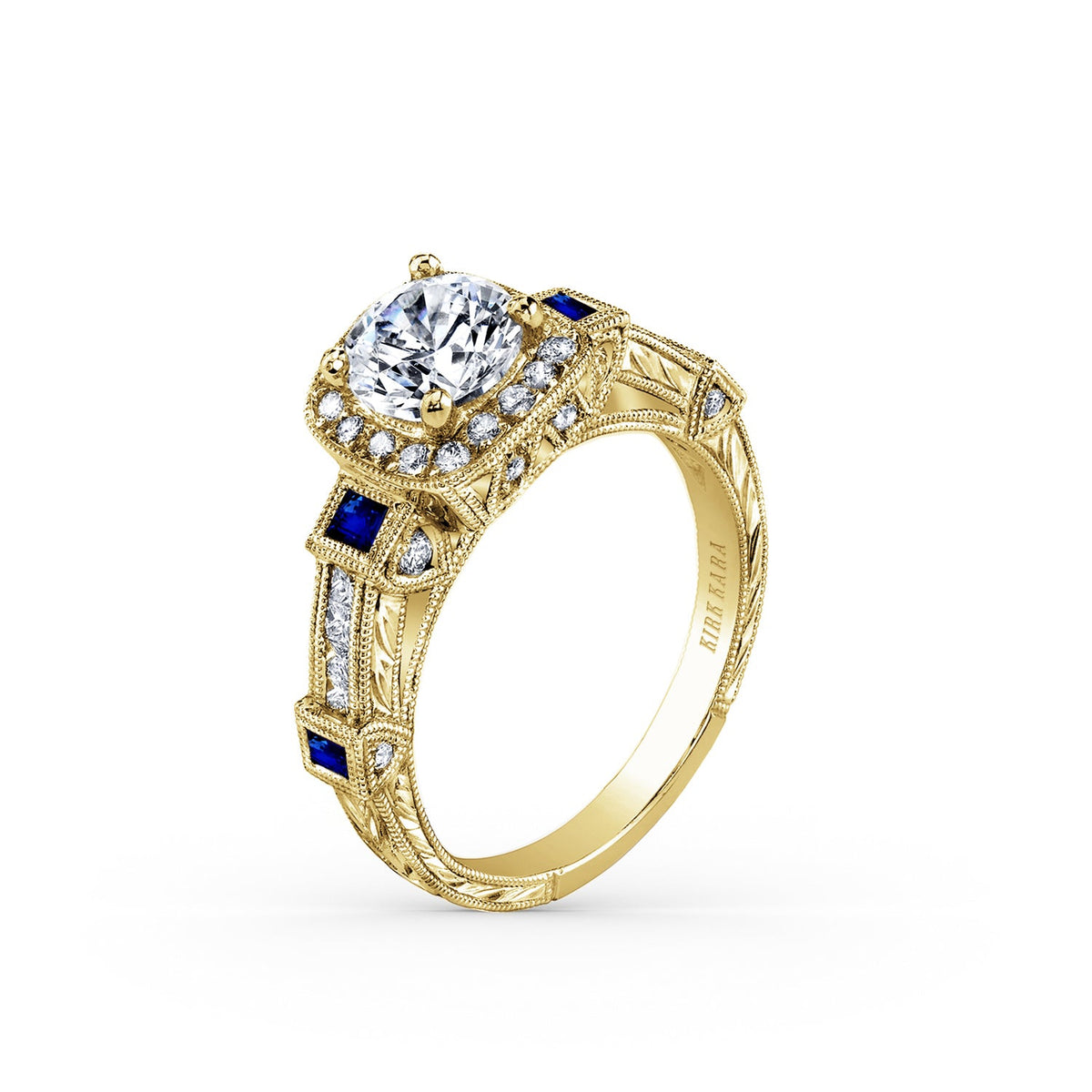 Modern Channel Detailed Blue Sapphire Diamond Halo Engagement Ring