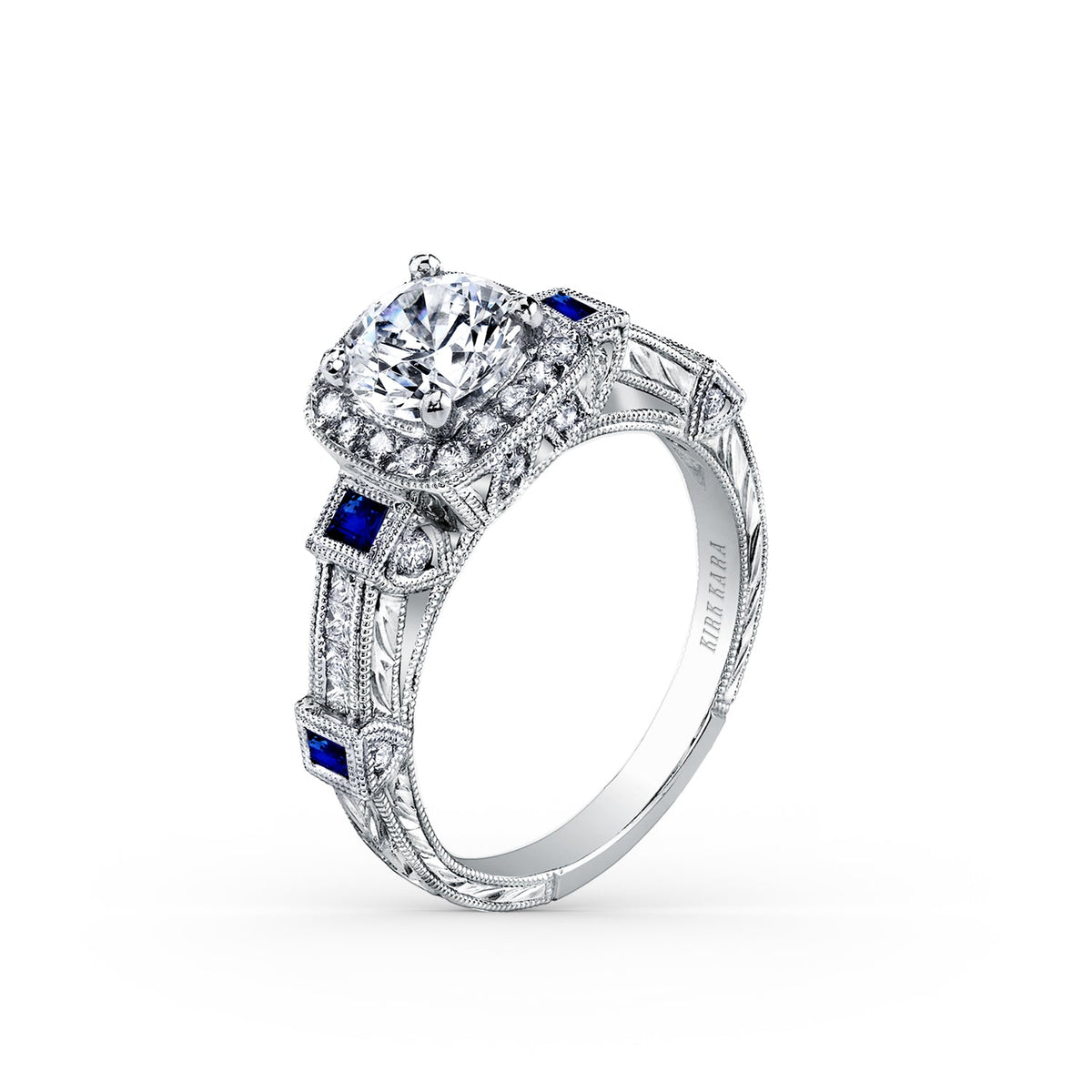 Modern Channel Detailed Blue Sapphire Diamond Halo Engagement Ring