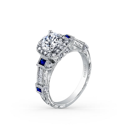 Modern Channel Detailed Blue Sapphire Diamond Halo Engagement Ring