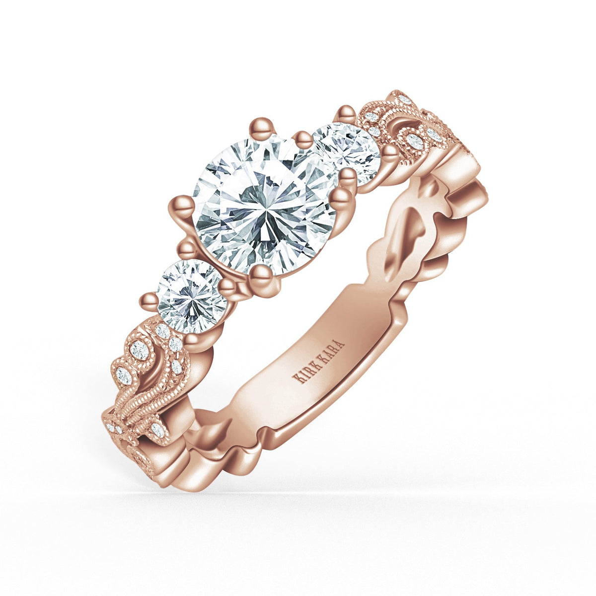 Swirl Milgrain Thin Three Stone Diamond Engagement Ring