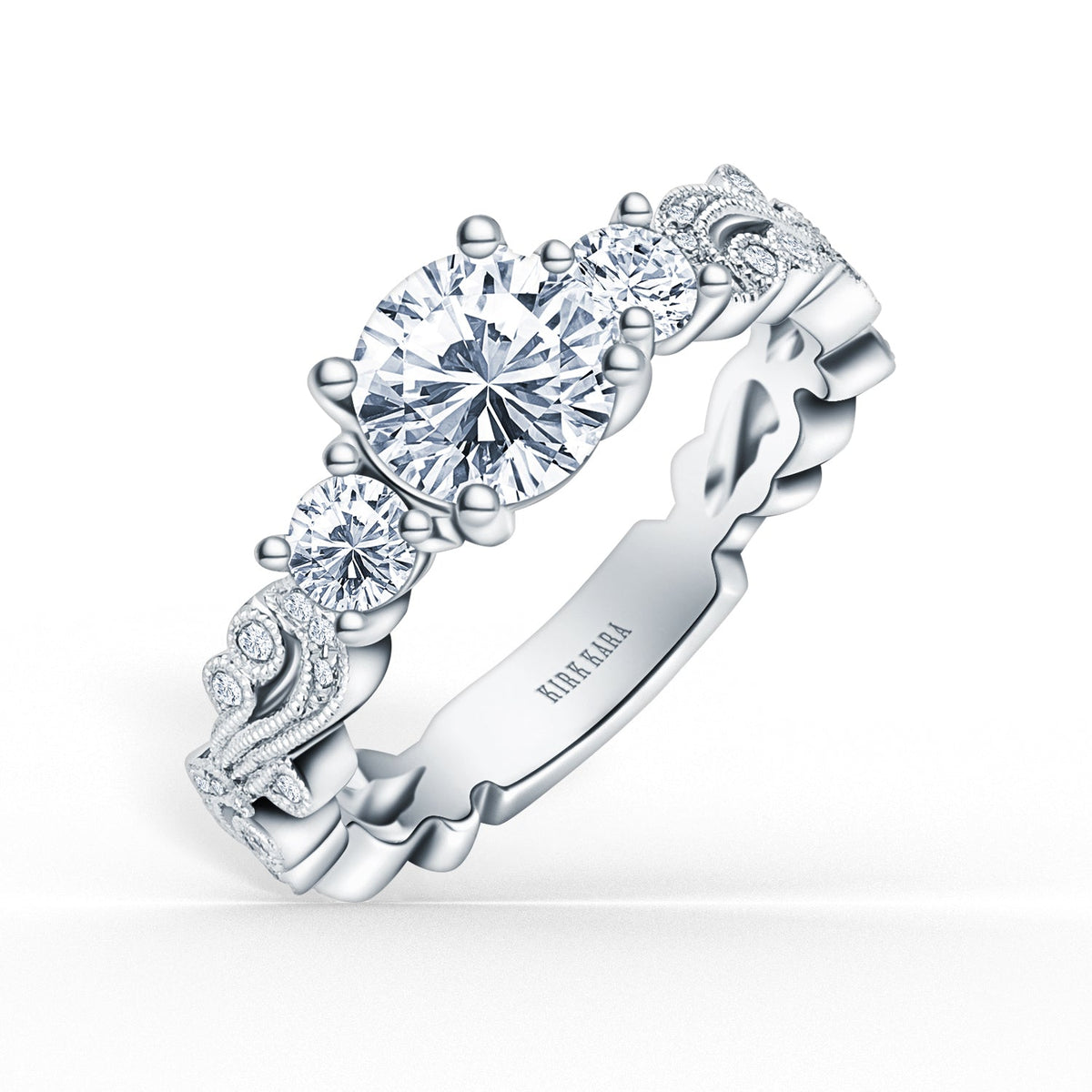 Swirl Milgrain Thin Three Stone Diamond Engagement Ring