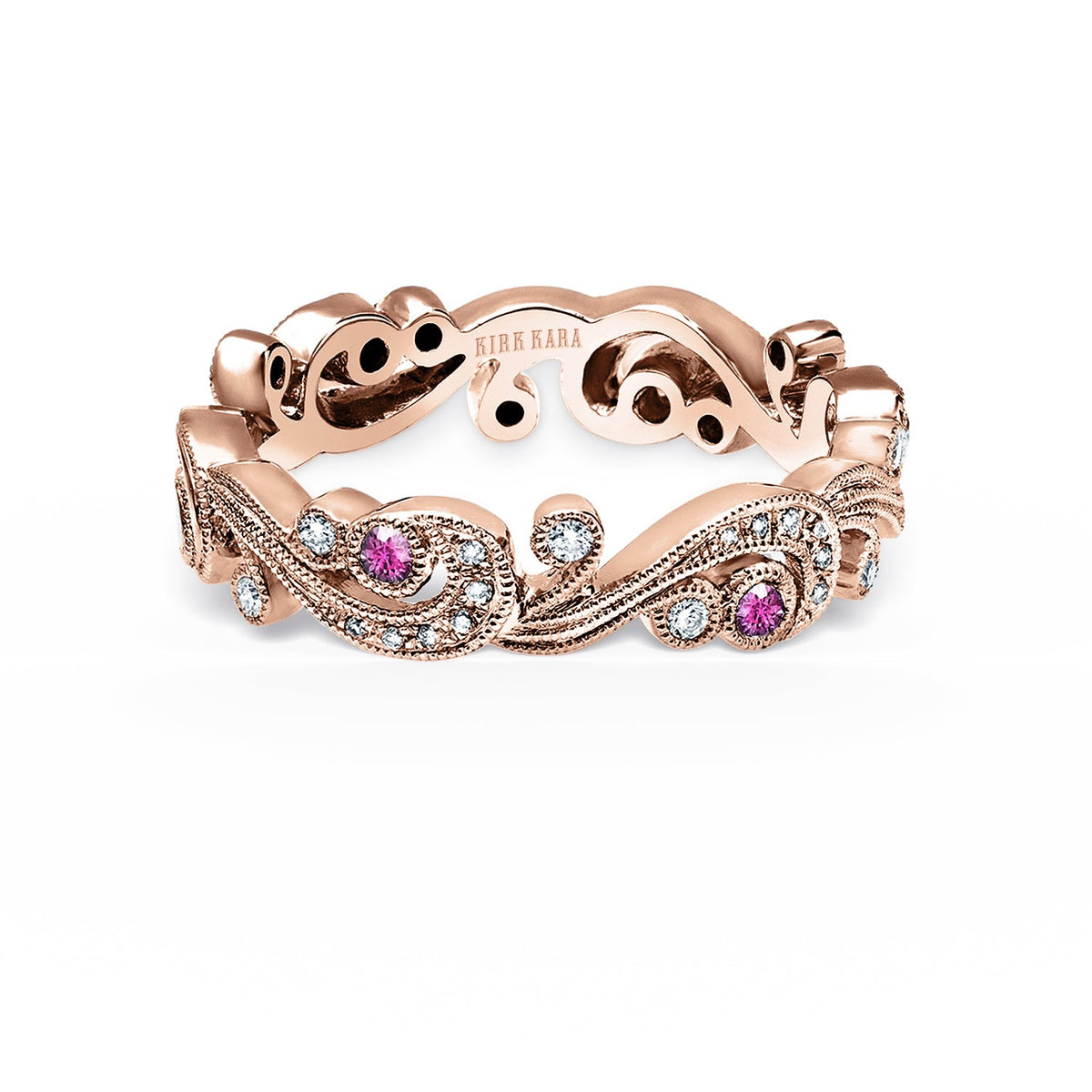 Whimsical Swirl Milgrain Pink Sapphire Diamond Wedding Band