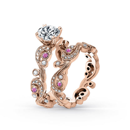 Whimsical Swirl Milgrain Pink Sapphire Diamond Engagement Ring