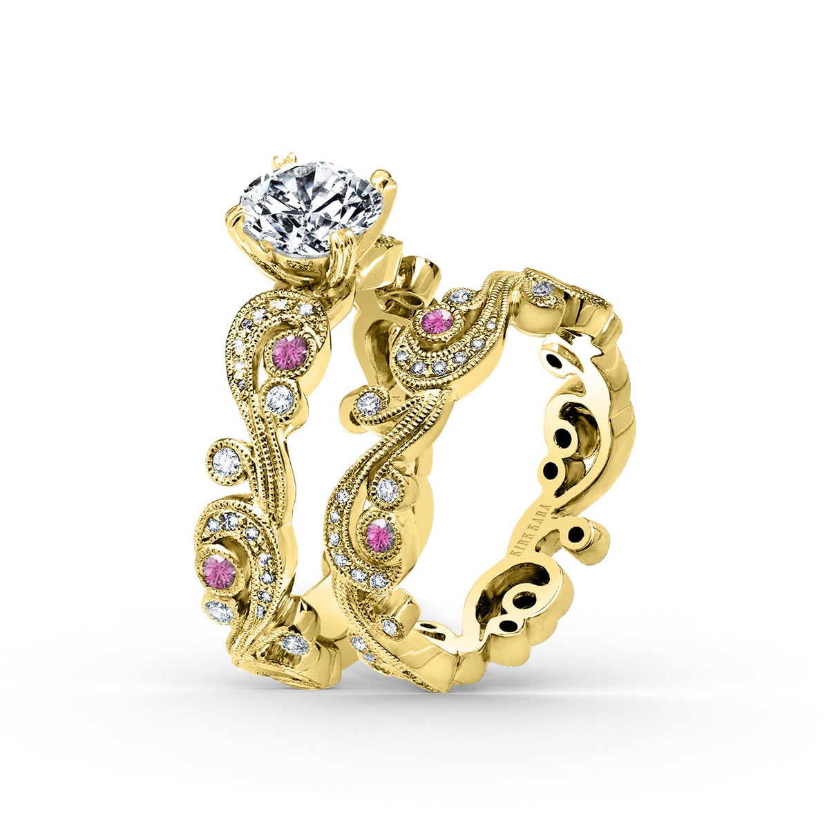 Whimsical Swirl Milgrain Pink Sapphire Diamond Engagement Ring
