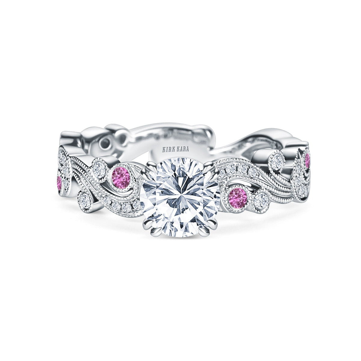 Whimsical Swirl Milgrain Pink Sapphire Diamond Engagement Ring