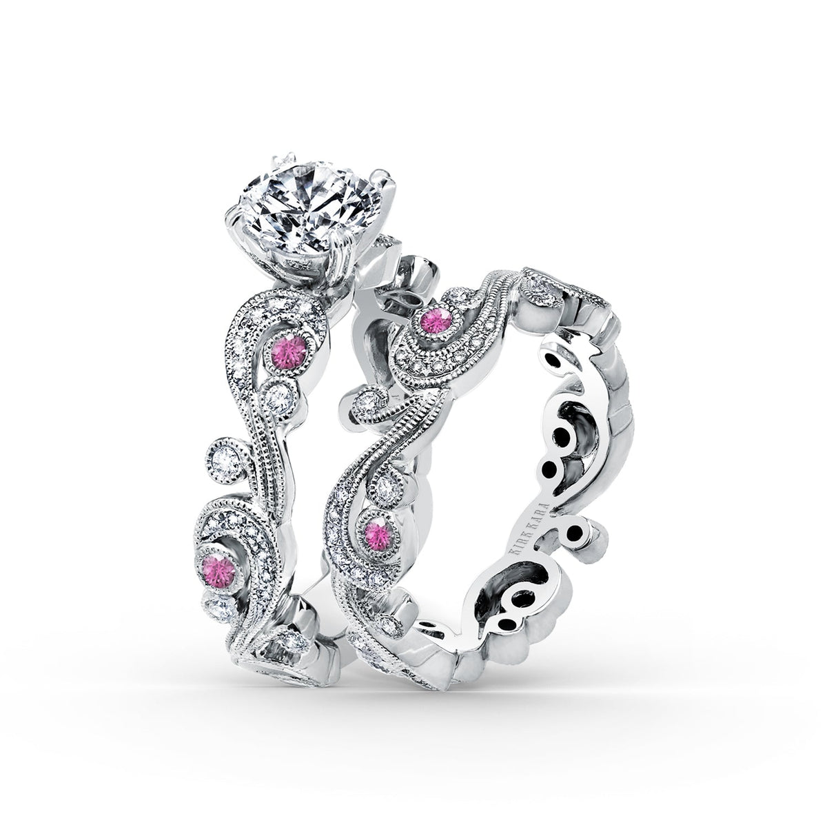 Whimsical Swirl Milgrain Pink Sapphire Diamond Engagement Ring