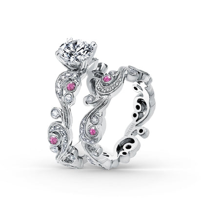Whimsical Swirl Milgrain Pink Sapphire Diamond Engagement Ring