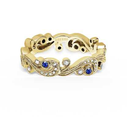 Whimsical Swirl Milgrain Blue Sapphire Diamond Wedding Band
