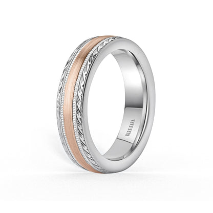 Thin Two Tone Engraved Edge Satin Finish Wedding Band, 5mm
